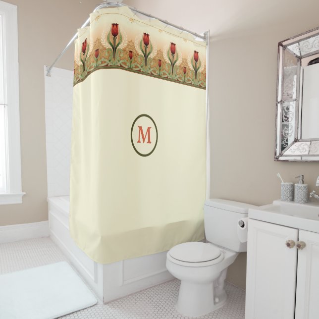 Vintage Mission Style Red Tulip Frieze Shower Curtain (In Situ)