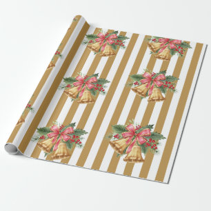 Vintage Mistletoe Bells gold striped wrapping  Paper