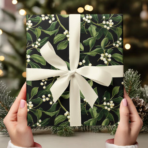 Vintage Mistletoe on Black Christmas Wrapping Paper