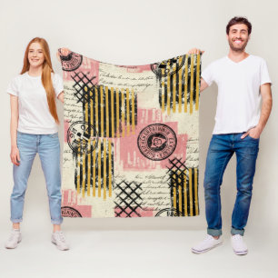 Vintage Mixed-Media Collage - Distressed Paper Fleece Blanket