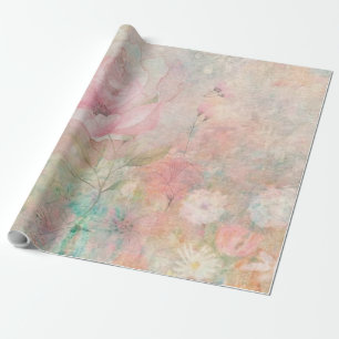 Vintage Mixed Media Retro Pink Floral White Rustic Wrapping Paper