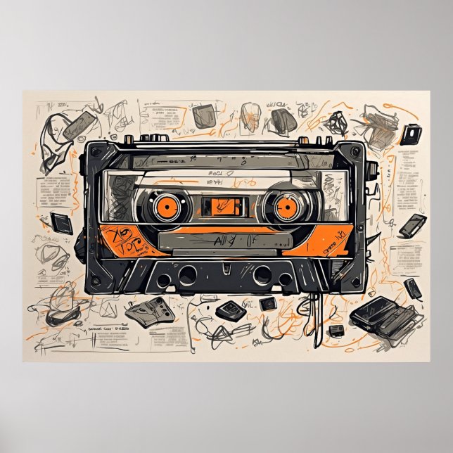 Vintage Mixtape Cassette Sketch Poster (Front)