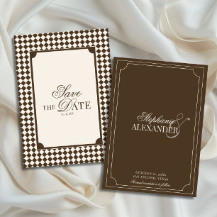 Vintage Mocha Brown Chequered Old Money Wedding Save The Date