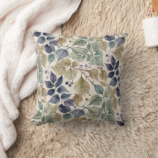 Vintage Modern Blue, Taupe, and Sage Leaf Cushion (Blanket)