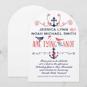 Vintage Modern Coral Bird Navy Nautical Wedding Invitation
