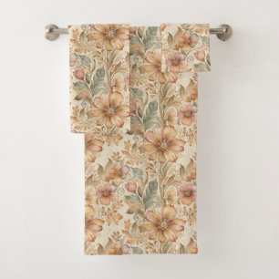 Vintage Modern Elegant Peach Floral Bath Towel Set