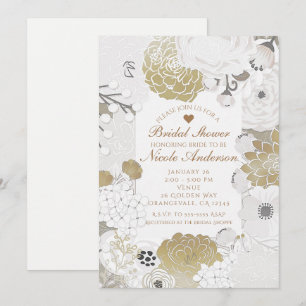 Vintage Modern Floral Botanical Glam White & Gold Invitation