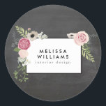 Vintage Modern Floral Motif on Chalkboard Classic Round Sticker<br><div class="desc">Coordinates with the Vintage Modern Floral Motif on Chalkboard Designer Business Card Template by 1201AM. Your name or business name is elegantly framed with a vintage floral motif in a modern styling on these personalised stickers. Set on a black chalkboard background. Great to use for adding your brand on to...</div>