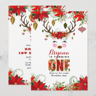 Vintage Modern Floral Reindeer 1ST BIRTHDAY Invitation