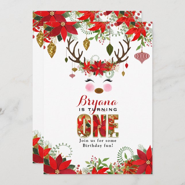 Vintage Modern Floral Reindeer 1ST BIRTHDAY Invitation (Front/Back)