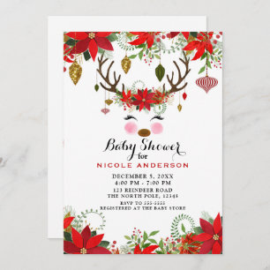 Vintage Modern Floral Reindeer Baby Shower Invitation