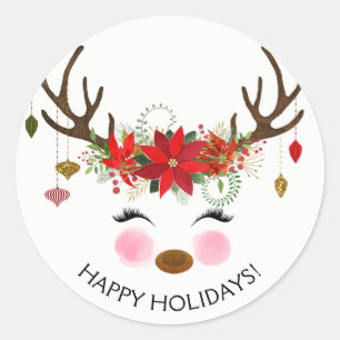 Vintage Modern Floral Reindeer Holiday Party Favou Classic Round Sticker