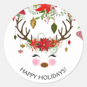 Vintage Modern Floral Reindeer Holiday Party Favou Classic Round Sticker
