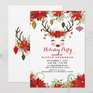 Vintage Modern Floral Reindeer Holiday Party Invitation