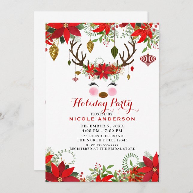Vintage Modern Floral Reindeer Holiday Party Invitation (Front/Back)