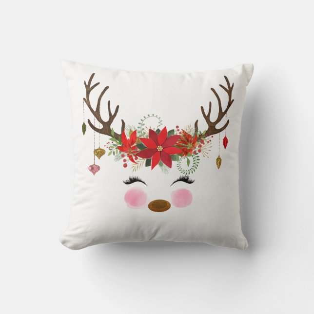 Vintage Modern Floral Reindeer Holiday Whimsical Cushion (Front)