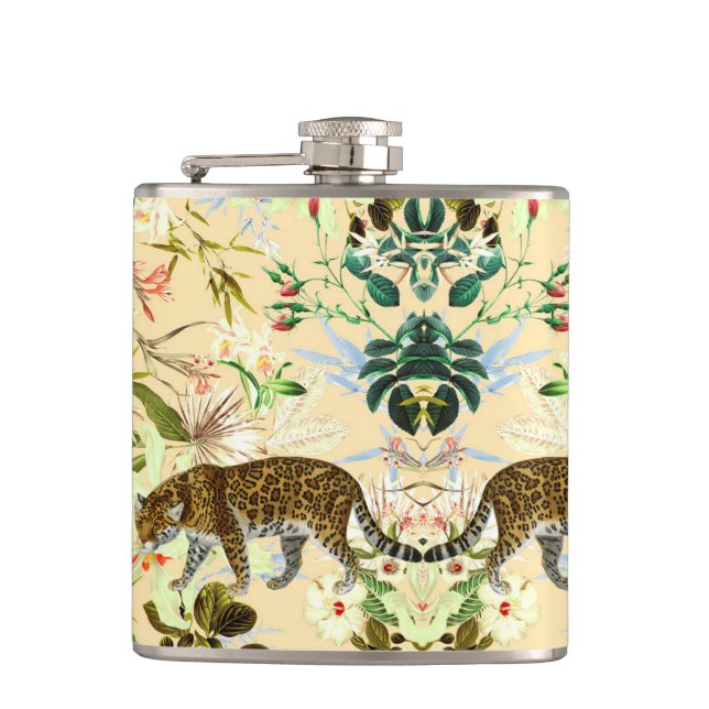 Vintage Modern Flower Jungle Tropical Hip Flask (Front)