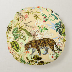 Vintage Modern Flower Tiger Jungle Tropical Round Cushion