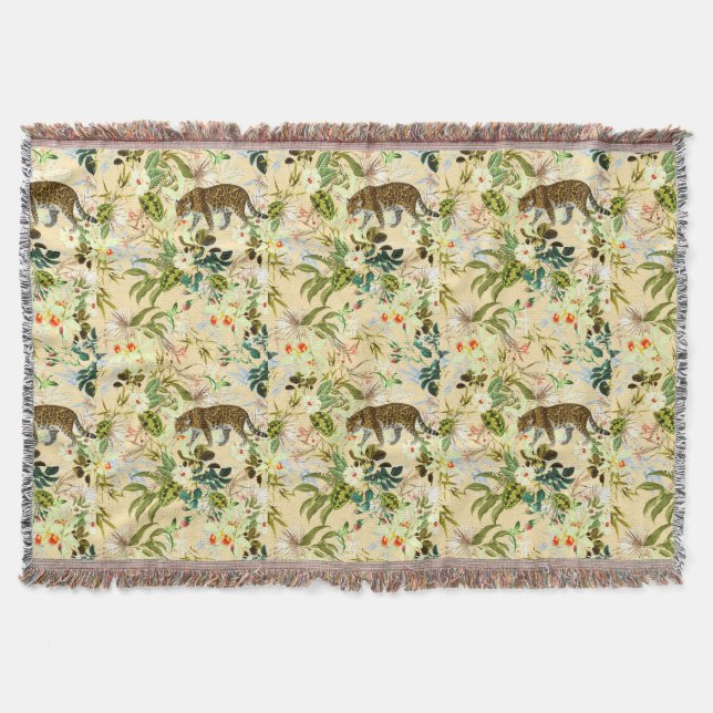 Vintage Modern Flower Tiger Jungle Tropical Throw Blanket (Front)