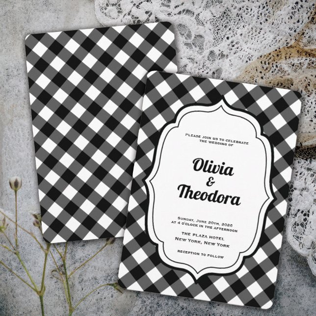 Vintage Modern Gingham wedding invitation (vintage modern elegant black and white gingham wedding invitation)