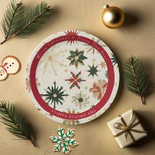 Vintage Modern Gold and Red Snowflakes pattern Paper Plate