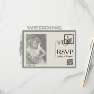 Vintage modern newspaper style wedding RSVP card