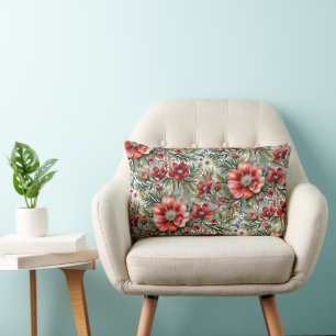 Vintage Modern Red Roses and Fir Lumbar Cushion