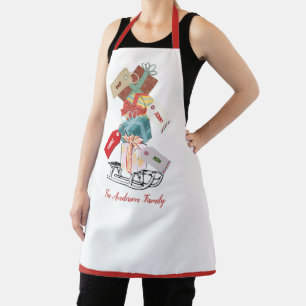 Vintage Modern Script Red White Family Christmas Apron