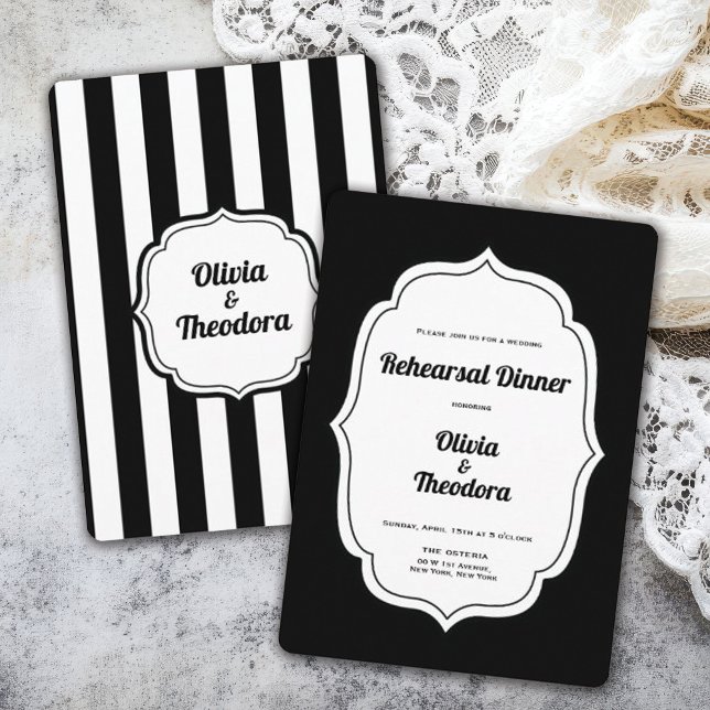 Vintage Modern Stripe Rehearsal Dinner Invitation (vintage modern elegant black and white stripe rehearsal dinner invitation. )