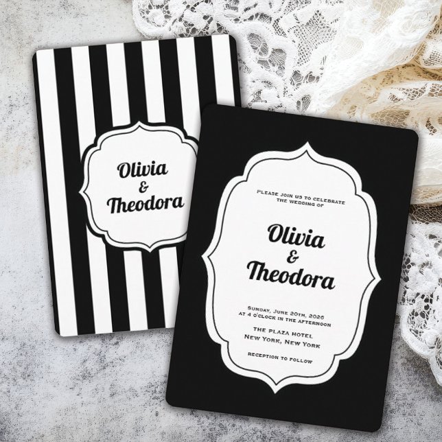 Vintage Modern Stripe wedding invitation (vintage modern elegant black and white stripe wedding invitation)