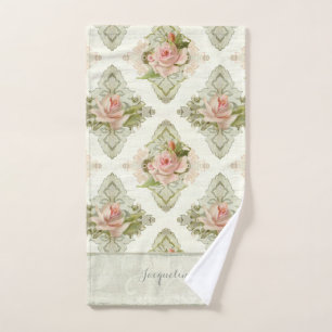 Vintage Modern Watercolor Floral Damask Rose Name Hand Towel