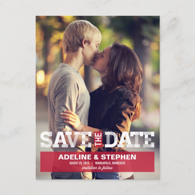 Vintage Modern Wedding Save The Date - Red Announcement Postcard (Front)