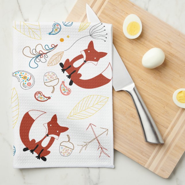 Vintage Modern Woodland Animals Fox Pattern Tea Towel (Quarter Fold)