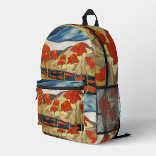 Vintage Modernist Red Poppies Surreal Landscape Printed Backpack