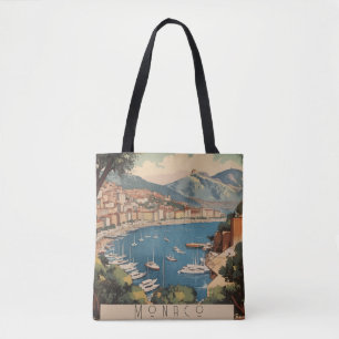 Vintage Monaco Harbour Travel Scene Custom Text Tote Bag
