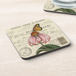 Vintage Monarch Butterfly & Documents Coaster Set