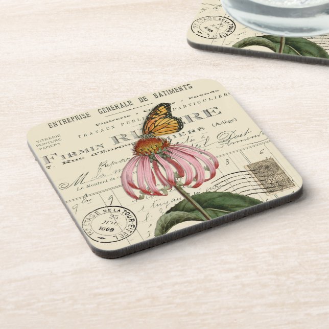 Vintage Monarch Butterfly & Documents Coaster Set (Left Side)