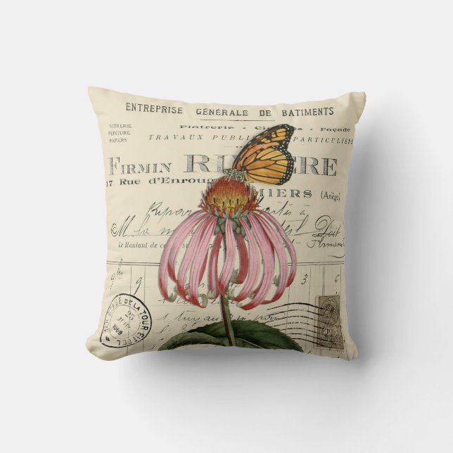 Vintage Monarch Butterfly French Throw Pillow (Front)