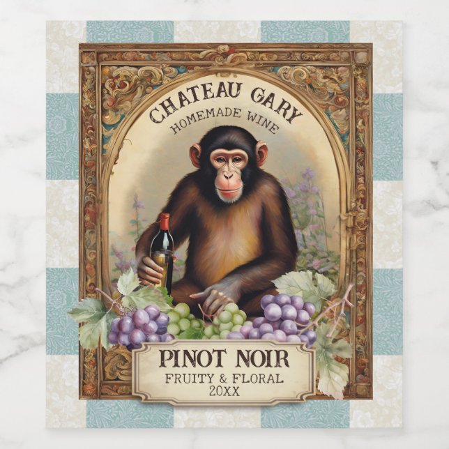 Vintage monkey wine bottle grapes personalised label (Single Label)