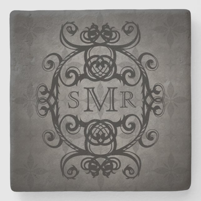 Vintage monogram black and grey stone coaster (Front)