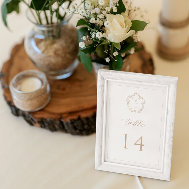 Vintage Monogram Crest Beige Wedding Table Number (Creator Uploaded)