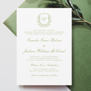 Vintage Monogram Crest Green Wedding  Invitation
