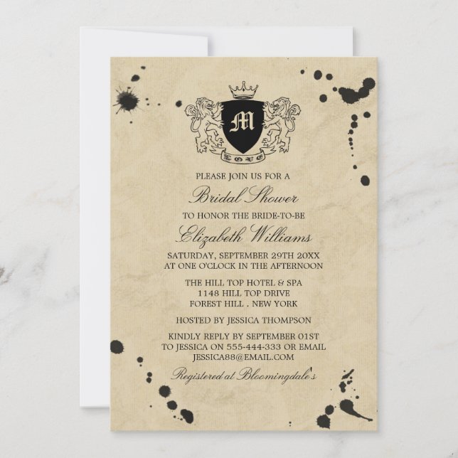 Vintage Monogram Crest & Ink Stain Bridal Shower Invitation (Front)