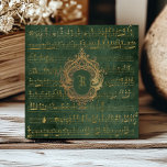 Vintage Monogram Crest Music Manuscript Green Gold Ceramic Tile<br><div class="desc">This elegant vintage design features gold-coloured handwritten sheet music manuscript on a distressed dark emerald green and gold background. Personalise it with your monogram initial in Gothic font set off by an ornate antique gold crest frame.</div>