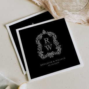 Vintage Monogram Crest Names Black White Wedding Napkin