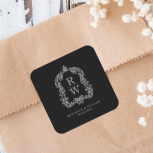 Vintage Monogram Crest Names Black White Wedding Square Sticker