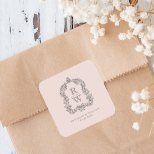 Vintage Monogram Crest Names Blush Pink Wedding Square Sticker