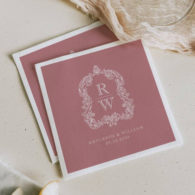 Vintage Monogram Crest Names Dusty Rose Wedding Napkin (Creator Uploaded)