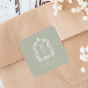 Vintage Monogram Crest Names Sage Green Wedding Square Sticker