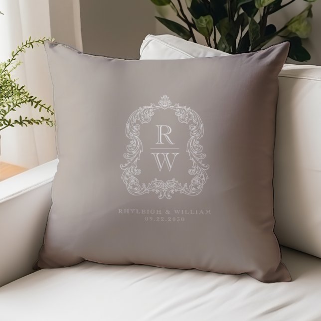 Vintage Monogram Crest Names Taupe Wedding Cushion (Creator Uploaded)